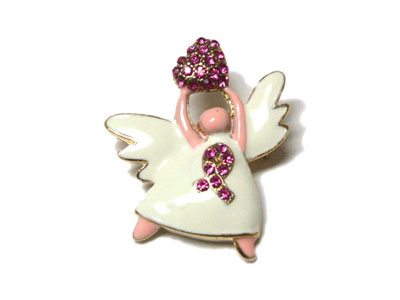 Crystal pink ribbon angel brooch - breast cancer awareness