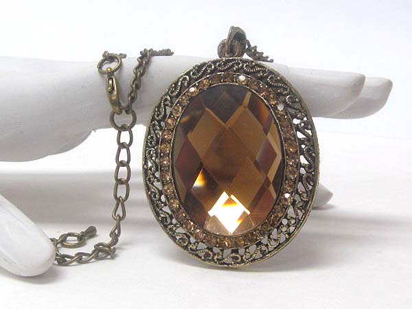 Facet glass and crystal deco on metal filigree pendant long necklace