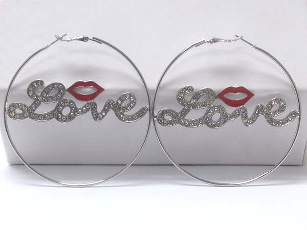 CRYSTAL LOVE AND LIP FASHION METAL HOOP EARRING - HOOPS