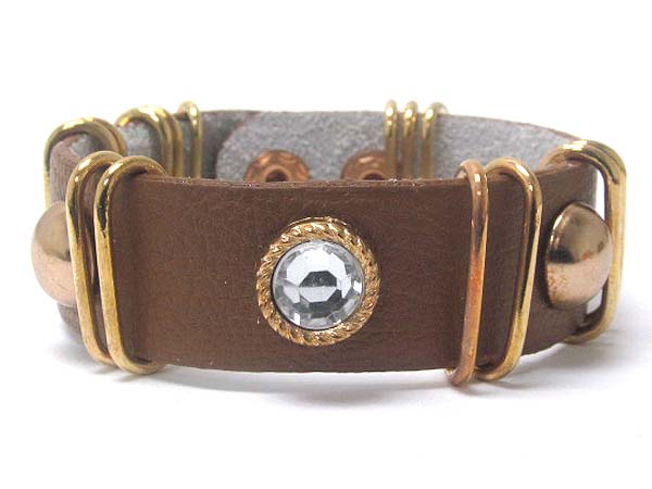 CRYSTAL AND METAL STUD LEATHER BRACELET