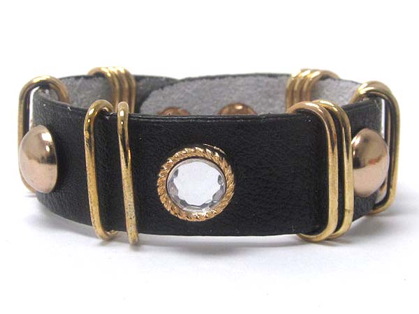 CRYSTAL AND METAL STUD LEATHER BRACELET