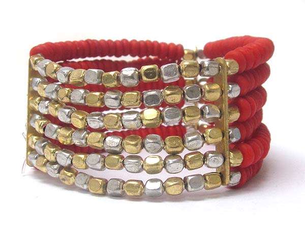 MULTI CHAIN METAL AND SEED BEAD STRETCH BRACELET