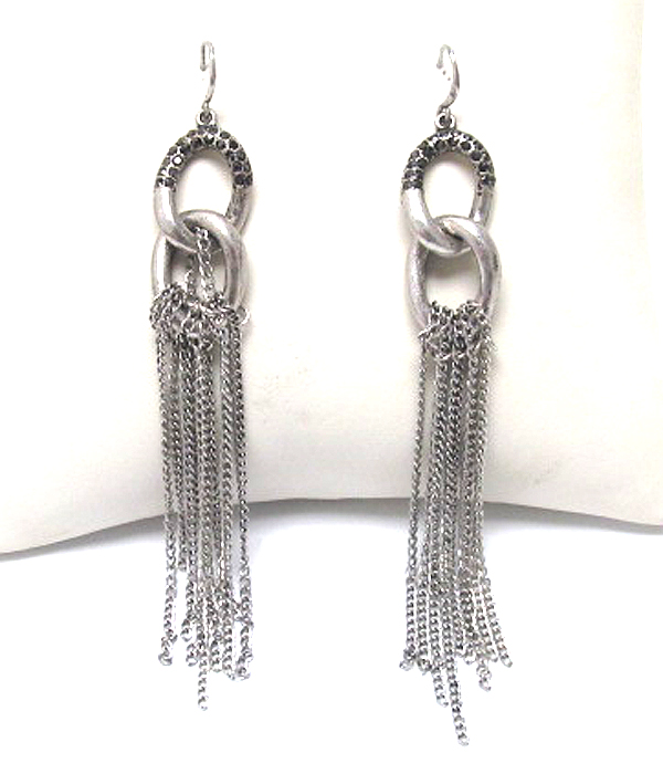 Crystal stud metal hoop link and tassel drop earring - hoops