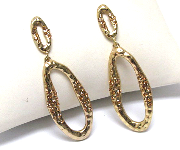 Crystal stud hammered metal long drop earring