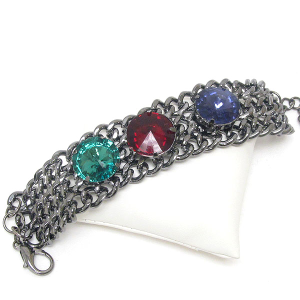 Tri glass stone wide metal chain bracelet