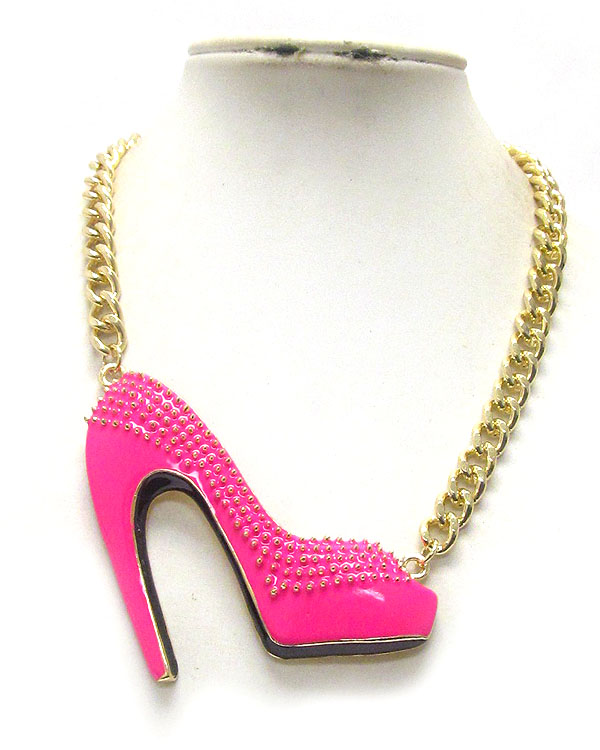 Epoxy and spike deco large high heel pendant and chain necklace