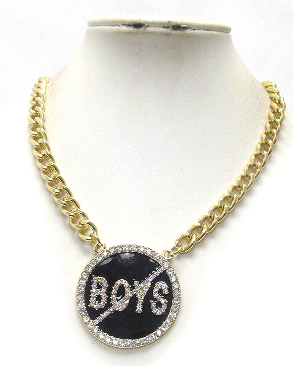 No boys crystal stud jet epoxy medal necklace