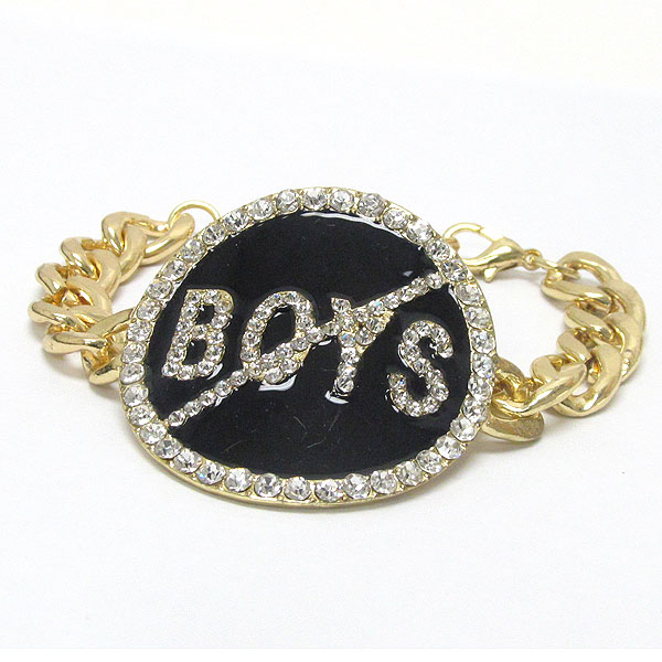 NO BOYS CRYSTAL STUD JET EPOXY MEDAL CHAIN BRACELET