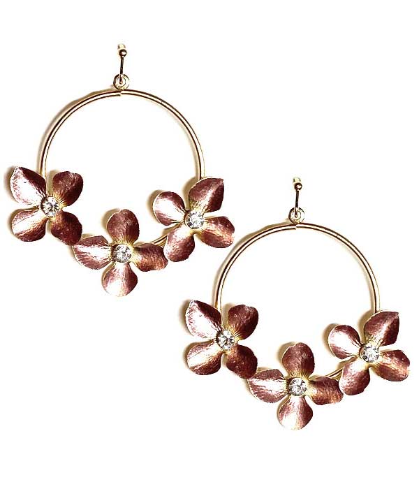 CRYSTAL CENTER METAL FLOWER HOOP EARRING