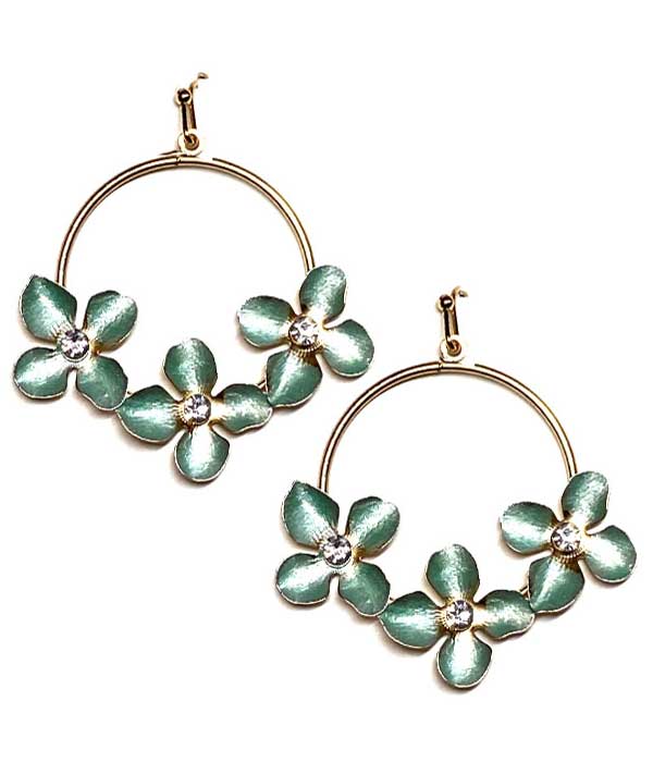 CRYSTAL CENTER METAL FLOWER HOOP EARRING