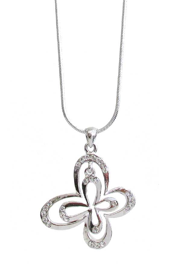 WHITEGOLD PLATING CRYSTAL DOUBLE BUTTERFLY DANGLE PENDANT NECKLACE