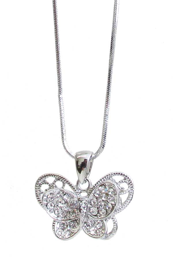 WHITEGOLD PLATING CRYSTAL DOUBLE BUTTERFLY PENDANT NECKLACE