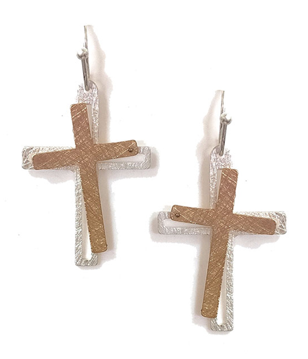Scratch metal double cross earring - brass metal