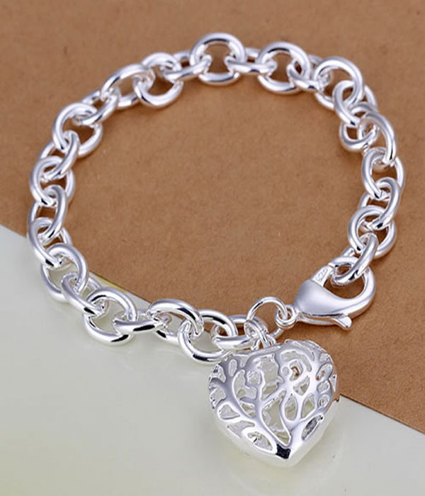 925 sterling silver plated metal filigree puffy heart charm bracelet -valentine