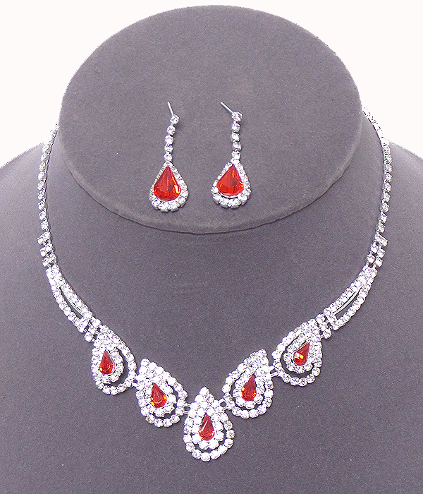 Linked teardrop rhinestone necklace set 