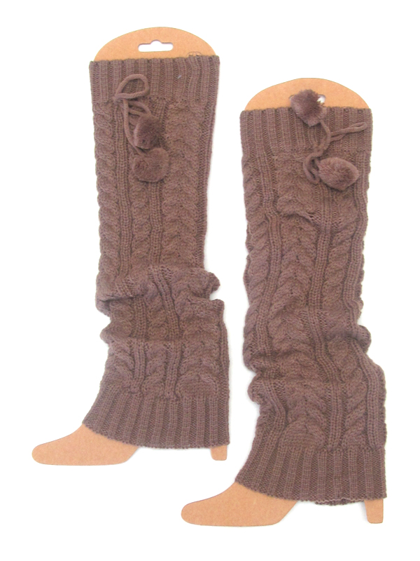 Fur ball accent long crochet leg warmer - boot cuffs
