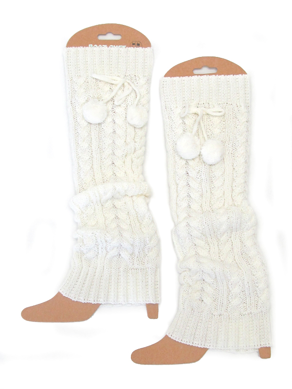 Fur ball accent long crochet leg warmer - boot cuffs