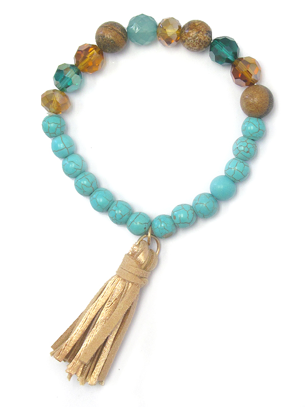 LEATHERETTE TASSEL AND MULTI STONE MIX STRETCH BRACELET