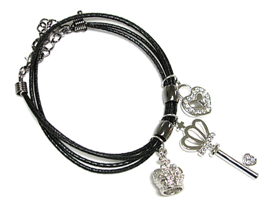 Made in korea whitegold plating multi crystal charm dangle cord bracelet