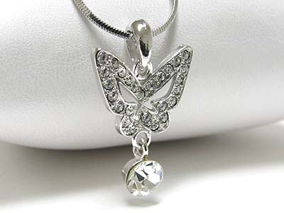 Made in korea whitegold plating crystal butterfly and ball drop necklace