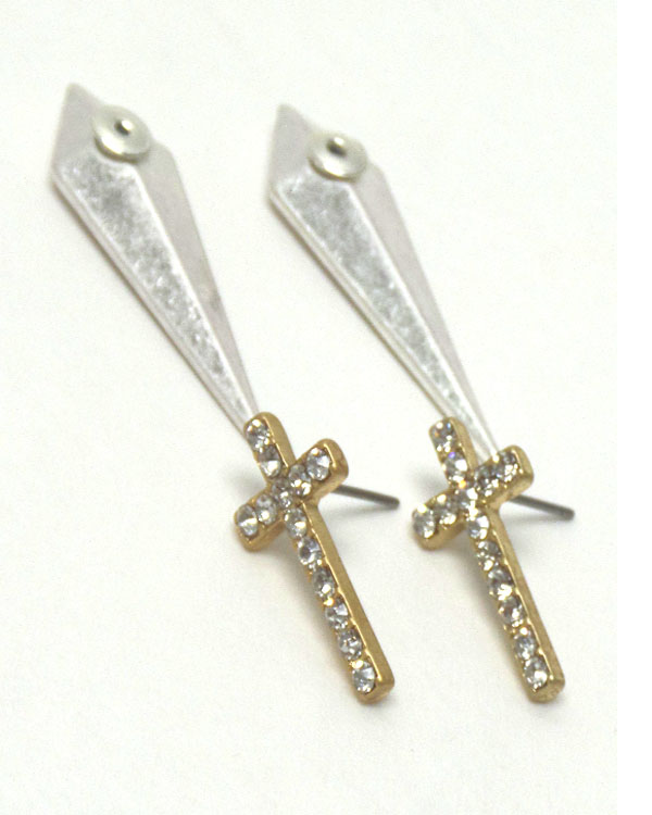 CRYSTAL CROSS AND METAL SPIKE TWO WAY EARRING