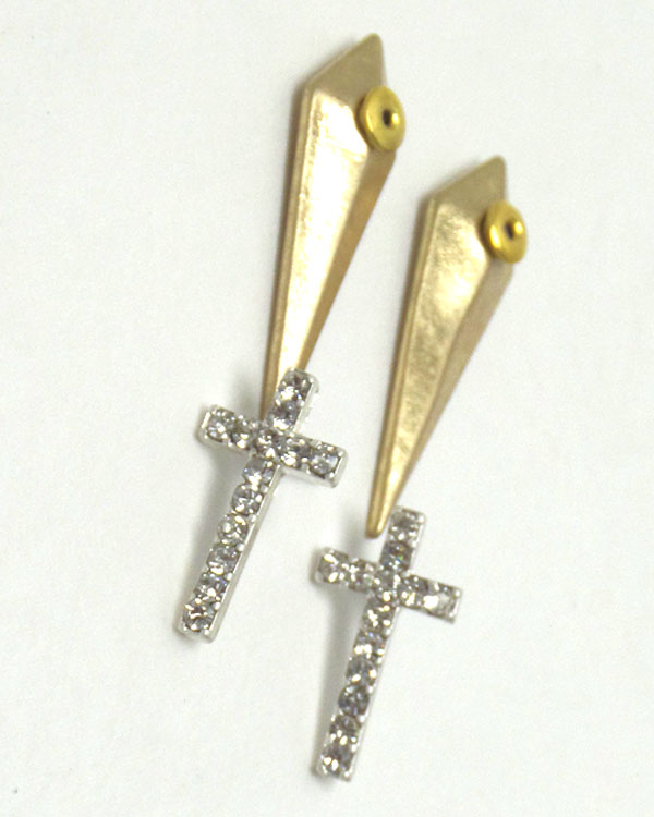 CRYSTAL CROSS AND METAL SPIKE TWO WAY EARRING