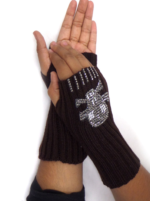 Crystal skull knit open fingertip glove