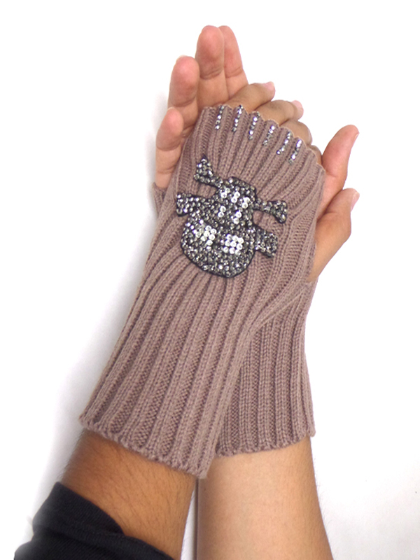 Crystal skull knit open fingertip glove