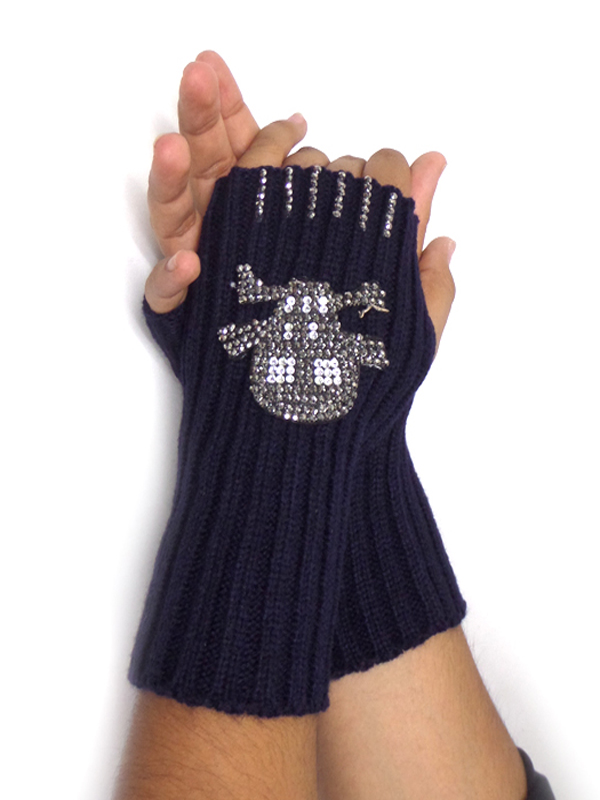 Crystal skull knit open fingertip glove