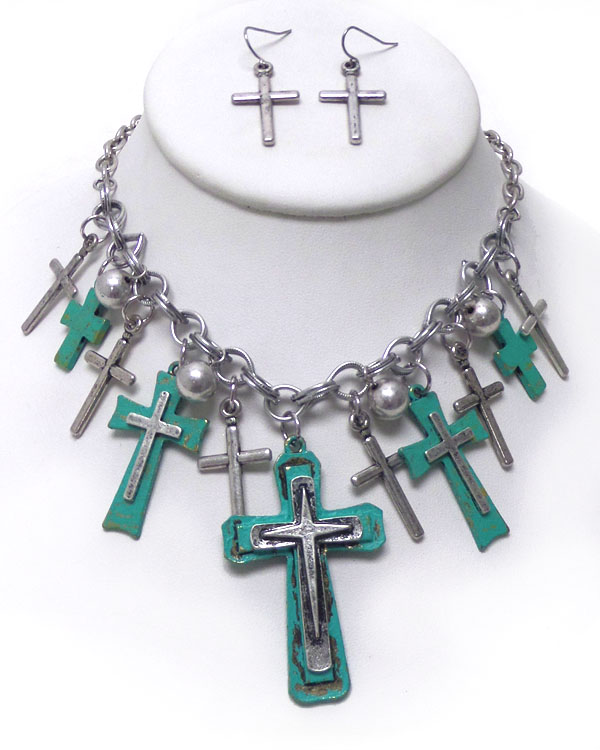 Vintage rustic cross charm necklace set