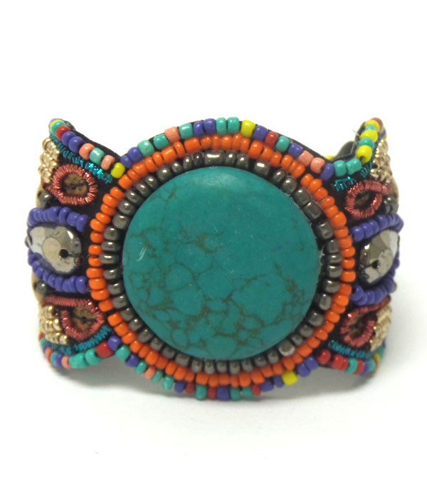 Handmade multi seed beads bangle bracelet - brass