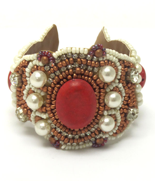 Handmade multi seed beads bangle bracelet - brass