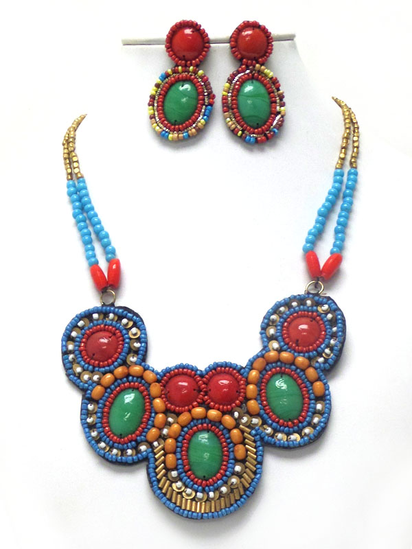 Handmade multi seed beads bib necklace set