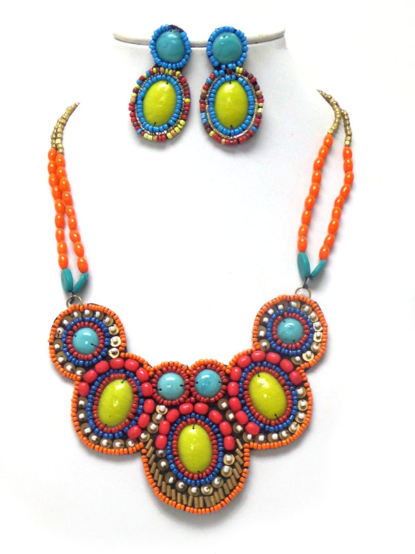 Handmade multi seed beads bib necklace set