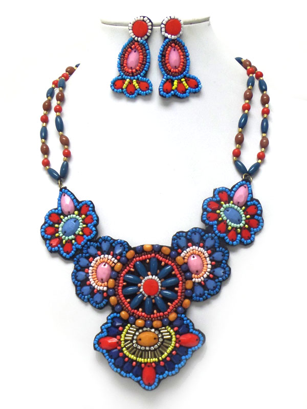 Handmade multi seed beads bib necklace set