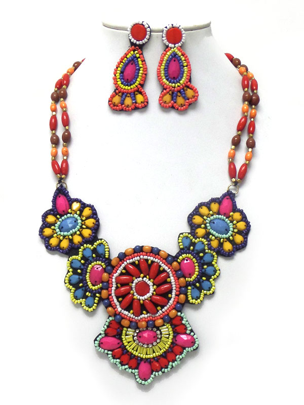 Handmade multi seed beads bib necklace set