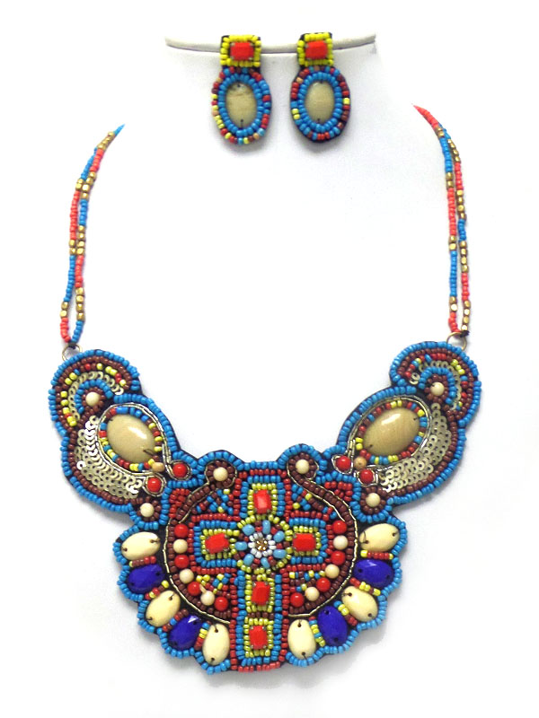 Handmade multi seed beads bib necklace set