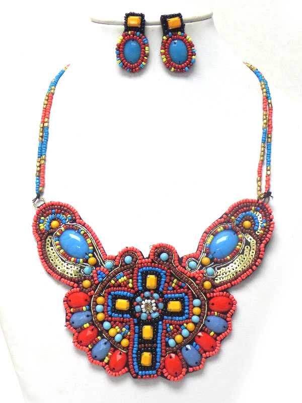 Handmade multi seed beads bib necklace set