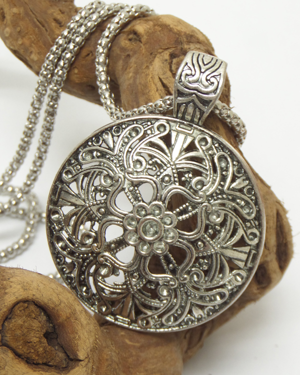 Vintage tibetan silver metal filigree disk and necklace