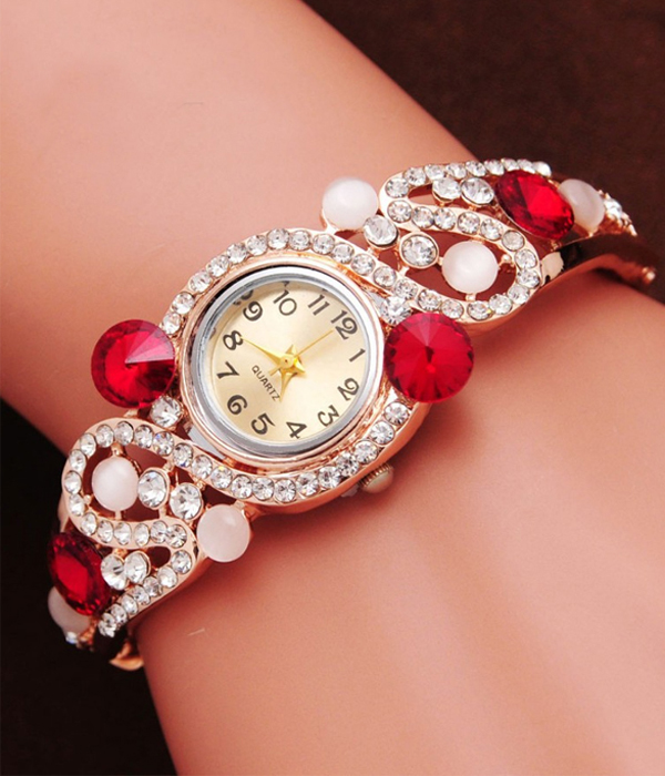 Crystal decorated metal hinge bangle watch