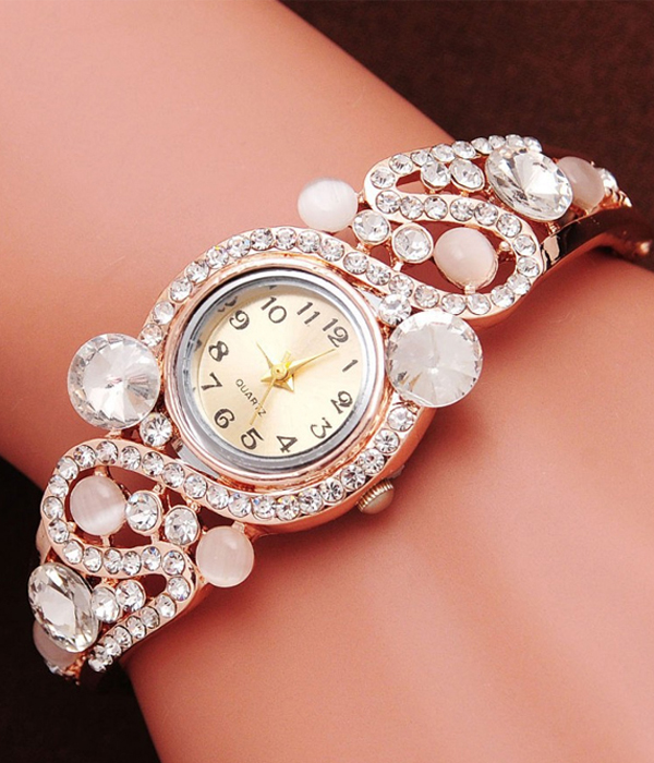 Crystal decorated metal hinge bangle watch