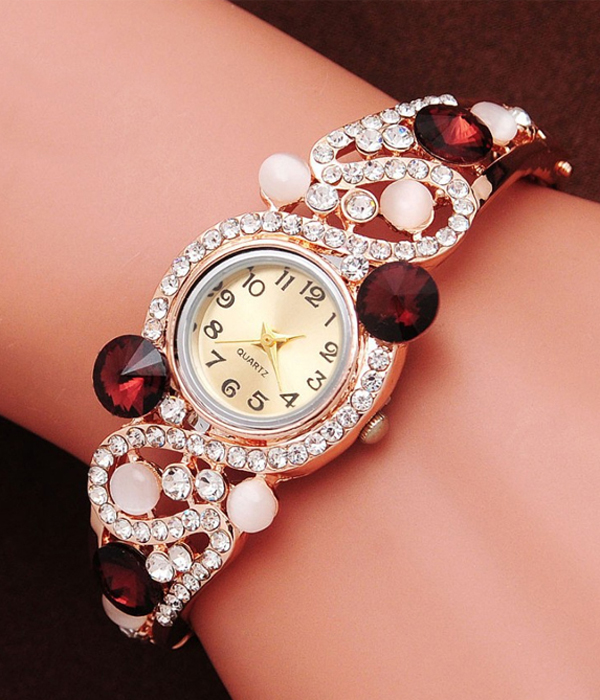 Crystal decorated metal hinge bangle watch