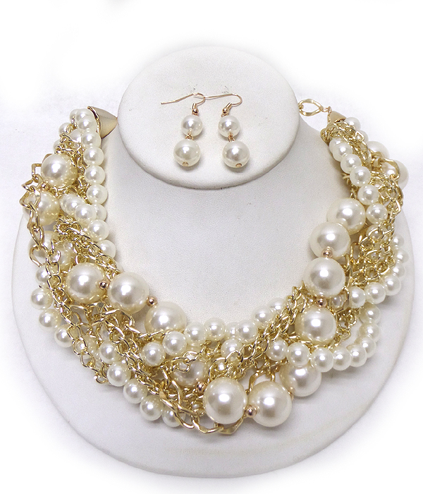 Twisted chain and pearls necklace set