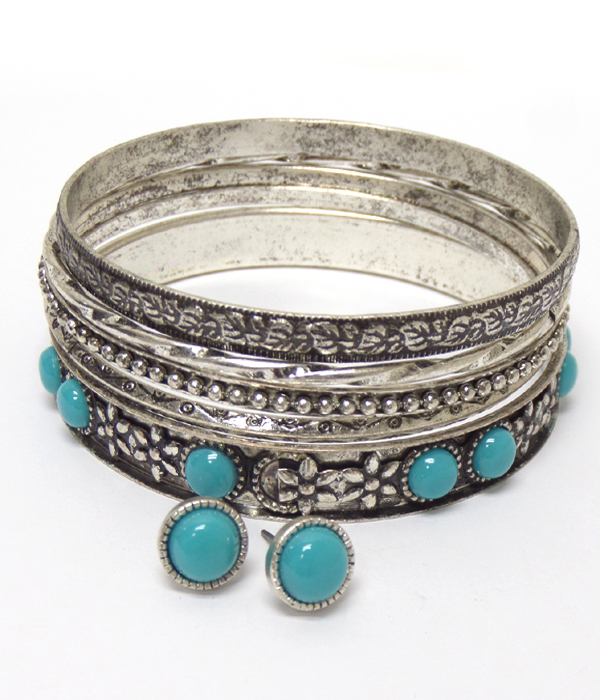 Multi designs metal burnish silver bracelet earring set