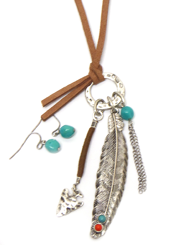 Feather charm suede necklace set