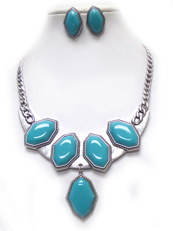 LINKED STONES DROP METAL TEXTURED NECKLACE SET