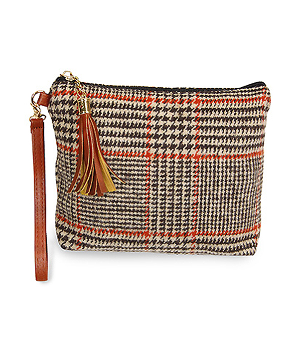 GLEN CHECK WRISTLET POUCH BAG - 100% POLYESTER