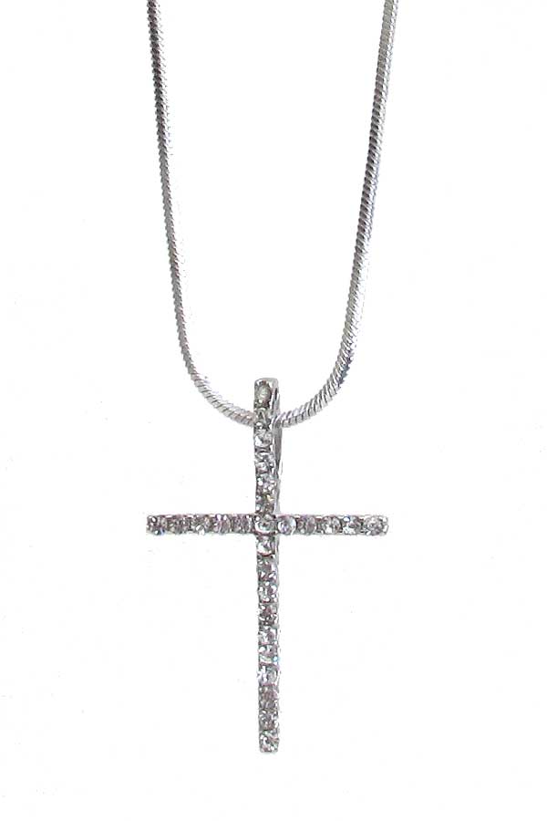 WHITEGOLD PLATING CRYSTAL SKINNY CROSS PENDANT NECKLACE