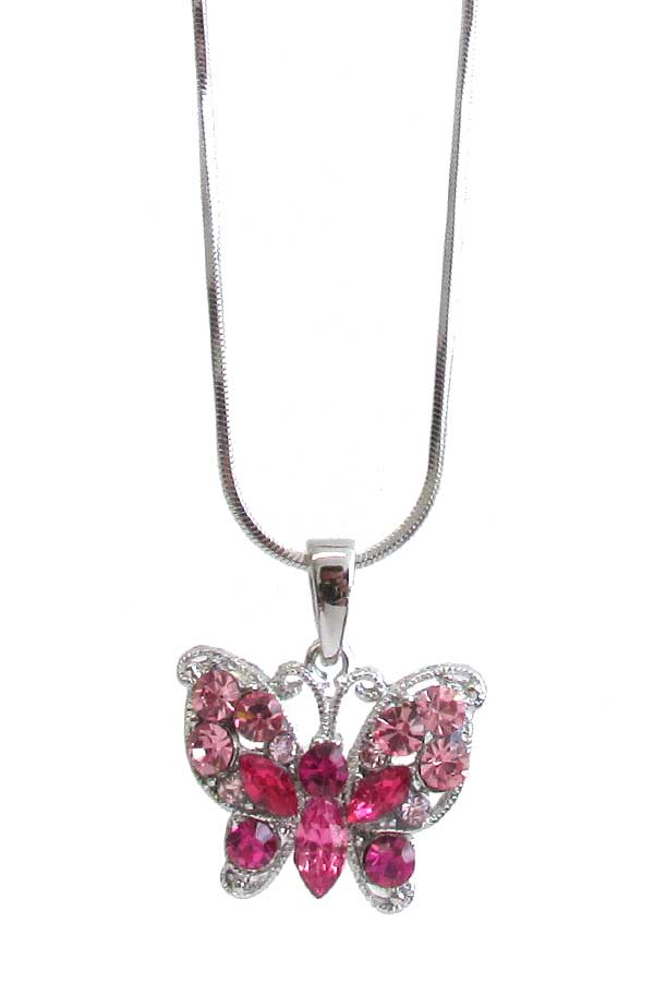 WHITEGOLD PLATING CRYSTAL BUTTERFLY PENDANT NECKLACE