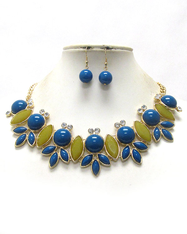 Multi shape acrylic stone and crystal deco link necklace earring set